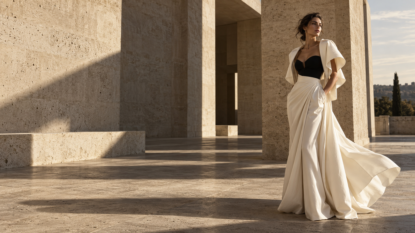 Sculptural ivory tailoring in sunlit stone architecture